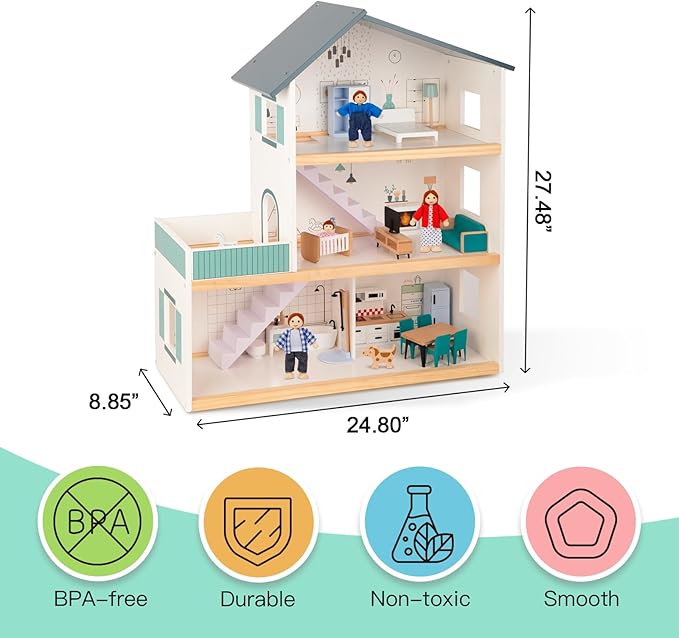 Wooden Dollhouse for Kids, Doll House with Simulated Luxury Furniture Set, Dollhouse Playset for Girls Toddlers (Including 4 Family Dolls and a Dog)