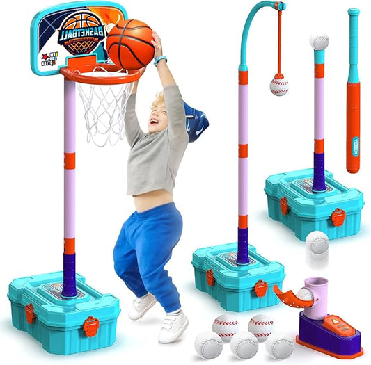 Kids Basketball Hoop and T-Ball Set for Kids 3-5, 3 Adjustable Toddler Basketball Hoop Indoor Outdoor Kids Toys Birthday Gift for Boys Girls
