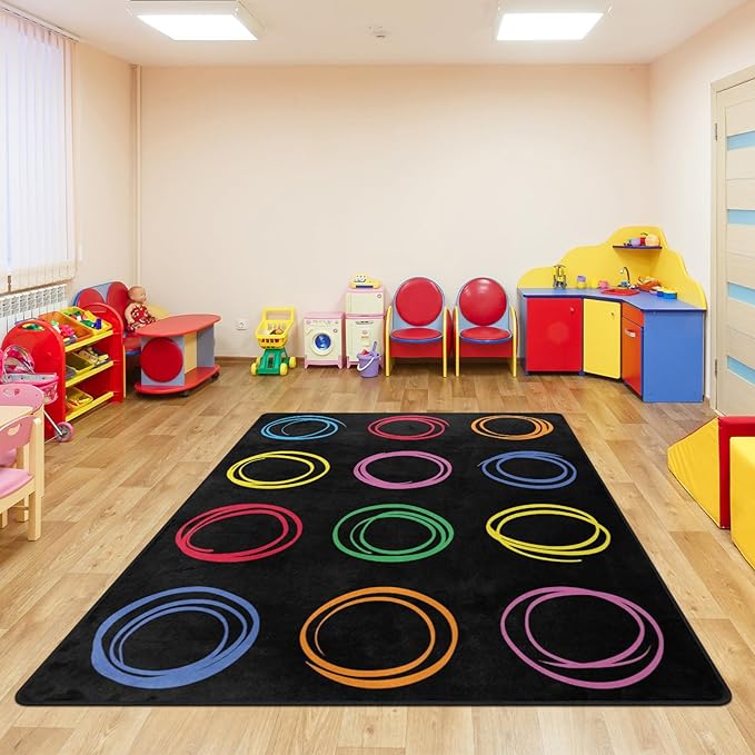 Kids Rug, Classroom Carpets Playmat Rugs, 5x7 Ft Kids Carpet with Rubber Backing, Colorful Circles Children's Classroom Seating Rug Nursery Rugs for Kids Room, Playroom or Elementary, Black, Seats 12
