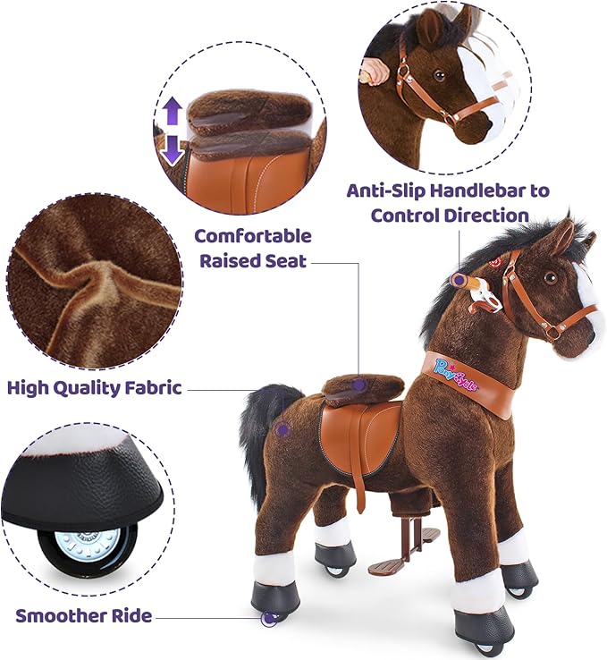 PonyCycle Ride on Horse for Kids Riding Horse Pony Toys (30" Height/Size 3) Giddy up Rocking Horse Classic Model U with Brake Plush Animal for Indoor & Outdoor Activities Chocolate Brown Ux321