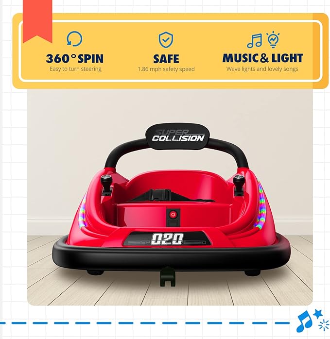 Ride-On Toy, 12V Electric Bumper Car with Remote, Music for Kids Ages 1-6, Unisex Gift, Red