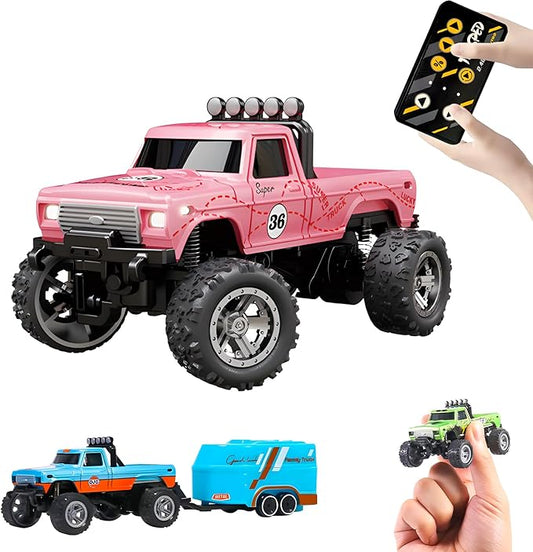 Mini Monster Truck, 1:64 Scale Remote Control Car with Lights, 2.4GHz Off-Road RC Truck, USB Rechargeable RC Car with Adjustable Speed for Kids Indoor & Outdoor Racing (Pink)