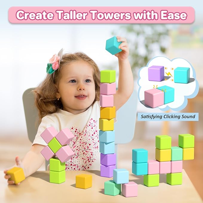 1.34 inch 56PCS Magnetic Blocks for Toddlers 4-8 Large Macaron Magnet Building Cubes for Kids Ages 3-5 Stem Preschool Stack Construction Educational Toys for 3+ Years Old Boys Girls