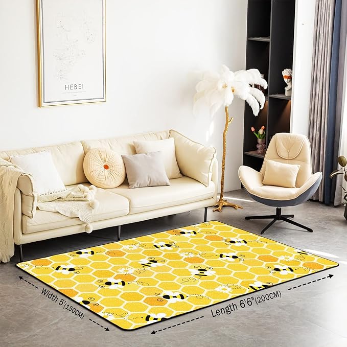 Erosebridal Honeycomb Area Rug 5x7, Bee Flowers Rug for Kids Child Girls, Flying Wildlife Geometry Carpet for Classroom, Hexagon Beehive Rustic Floral Simplistic Geometrical Washable Living Room Rugs