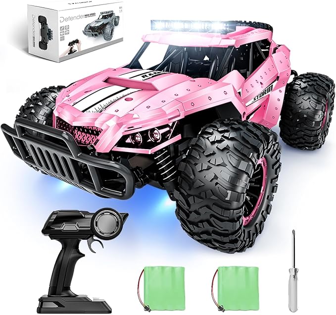 Tecnock Pink RC Car 1/16 Scale Remote Control Car for Girls, High Speed 20 Km/h All Terrains Rc Monster Truck with Two Rechargeable Batteries & Head Chassis Lights Gift Toy for Kids Adults
