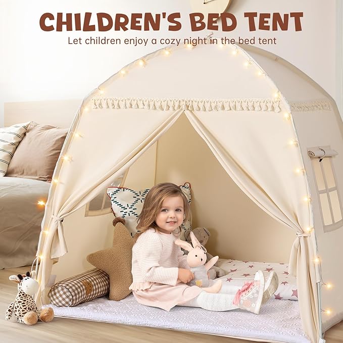 Medium Toddlers Bed Tent Canopy: with Lights and Flags for Girls and Boys House Gifts - Monobeach Kids Play Tent Indoor Princess Toys - Portable and Foldable Children Playhouse Outdoor