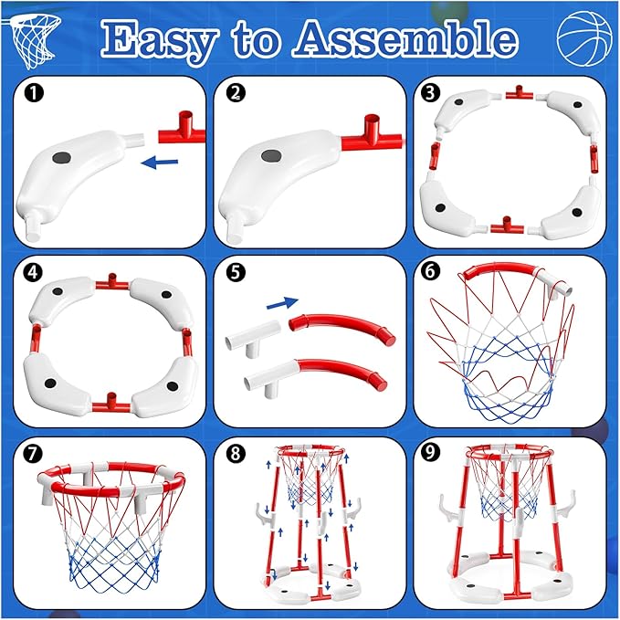 Pool Basketball Hoop Toys,2-in-1 Floating Basketball Pool Games with 4 Balls/12 Rings/Pump,Swimmming Pool Games for Kids Ages 4-8 8-12 Adult, Outdoor Water Play Toys for Summer Family Party(Red)