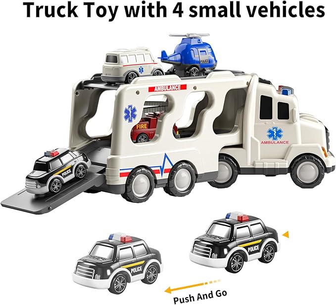 TEMI 5 Pack Ambulance Vehicle Toddler Truck Toys for 3 4 5 6 Year Old Boys, Friction Powered Cars with Toy Helicopter, Police Car, Fire Truck, Ambulance Car, Birthday Gifts for Girls Age 3-9