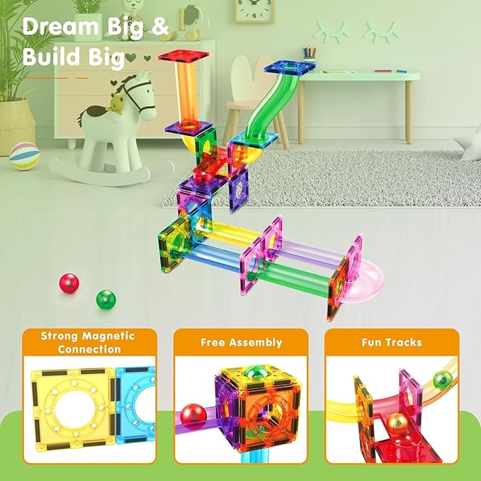 PicassoTiles Marble Run Magnetic Tile Race Track Toy Play Set STEM Building & Learning Early Educational Child Magnet Construction Block Creative Kit Boys & Girls Age 3+ Years Old Toys PTG40