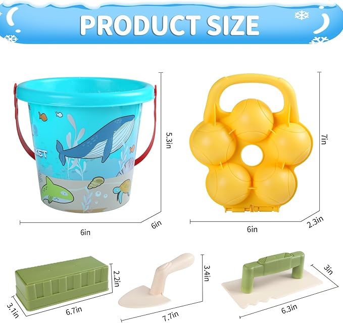 Beach Toys, 6 Piece Kids Indoor Outdoor Play Set with Bucket, Brick Mold, Sandball Maker, Beach Chases Travel Sand Toys for Ages 3-8, Sand Castle Building kit Backyard Fun