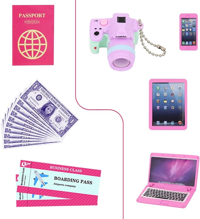 ZITA ELEMENT 24 Pcs 18 Inch Girl Doll Accessories Suitcase Luggage Travel Set Including 18 Inch Doll Clothes Luggage Pillow Blindfold Sunglasses Camera Computer Cell Phone Ipad and Other Stuff