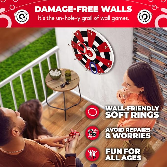 SWOOC Games ‒ Hook Darts Ring Toss Game ‒ Wood Board & Soft Rings ‒ 20+ Games Included for Kids & Adults ‒ Wall Mounted Ring and Hook ‒ Indoor & Outdoor Wall Decor for Game Room, Patio, Garage, Yard