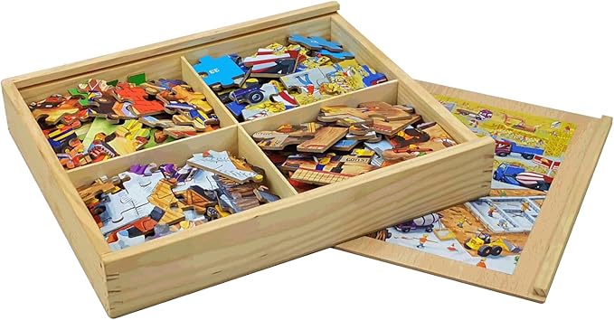 Wooden Puzzles for Kids Ages 4-8, Construction Sites Vehicles 4-in-1 Jigsaw Puzzles in a Wood Storage Box, 24 48 60 88 Pieces Construction Vehicles Puzzles Toys for Toddlers Kids Ages 3 4 5 6