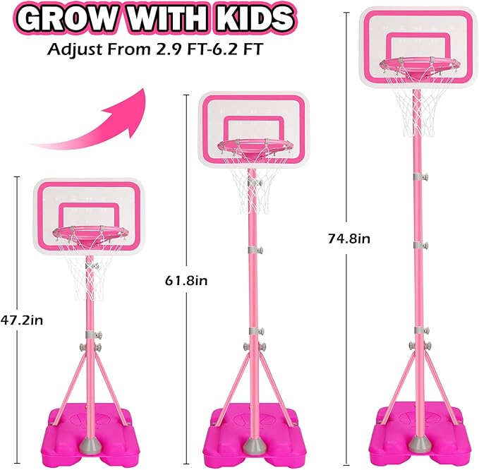 Pink Adjustable Basketball Hoop for 2-6 Year Old Girls, Portable Kids Hoop for Indoor/Outdoor Play
