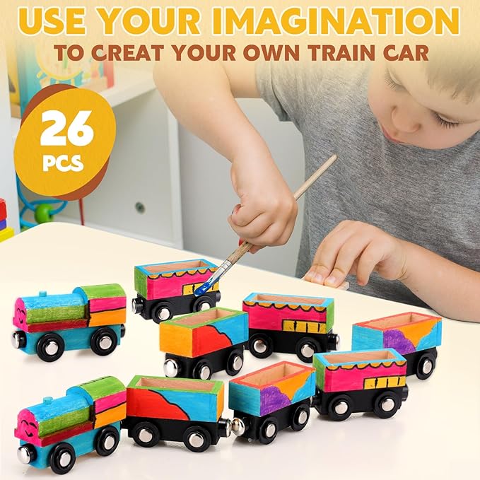 Lenwen 26 Pcs Unpainted Magnetic Wooden Trains Cars Unfinished Party Favors Wood Train Set for Birthday Party Supplies Paint Project Craft DIY Decorations(Load Style)