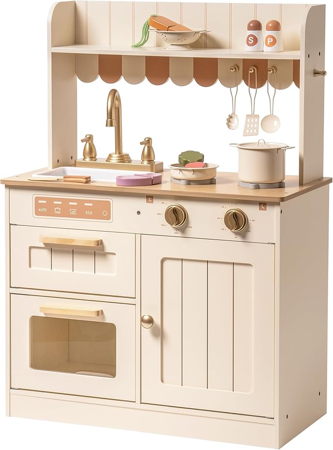 ROBOTIME Play Kitchen for Kids Toddlers, Wooden Pretend Play Kitchen Set Toy with Cutting Food Set, Toys Kitchen Gift for 3+ Year Old Kids, Girls & Boys