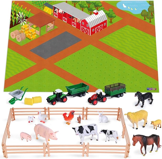 Farm Toy Set and Kids Activity Play Mat with Tractors, Animals, and Large Playmat Farm, Interactive Early Learning Toys for Toddler Boys and Girls - Great Gift for Birthday and Christmas
