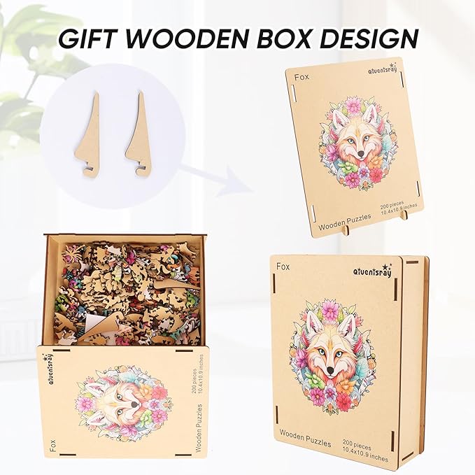 Wooden Puzzles for Adults,Fox Wooden Jigsaw Puzzles 200pcs,10.9X10.4inch,Medium,Unique Shape Animal Adult Puzzles,Irregular Wood Puzzles Creative Gift for Adults and Kids Family Game
