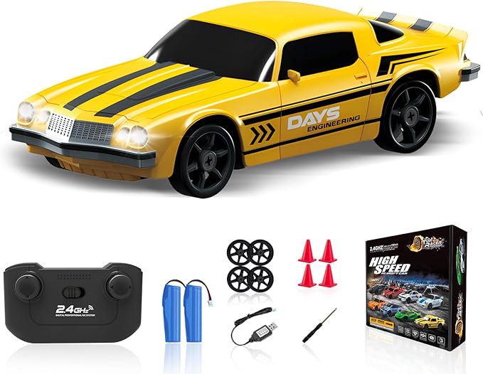 RC Drift Car - 1/24 4WD Remote Control With LED Light, 2.4GHz High Speed, Two Rechargeable Batteries and Drift Tires for Kids and Adults, Boys and Girls, Yellow