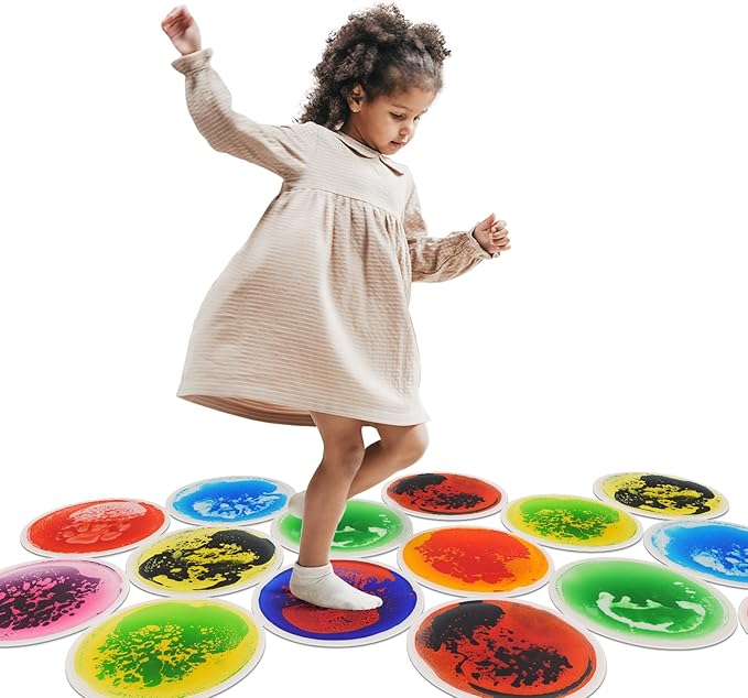Art3d 9PCS Round Sensory Floor Tiles for Kids, Toddlers and Children, Colorful Liquid Sensory Activity Mat for Active Play and Decorative