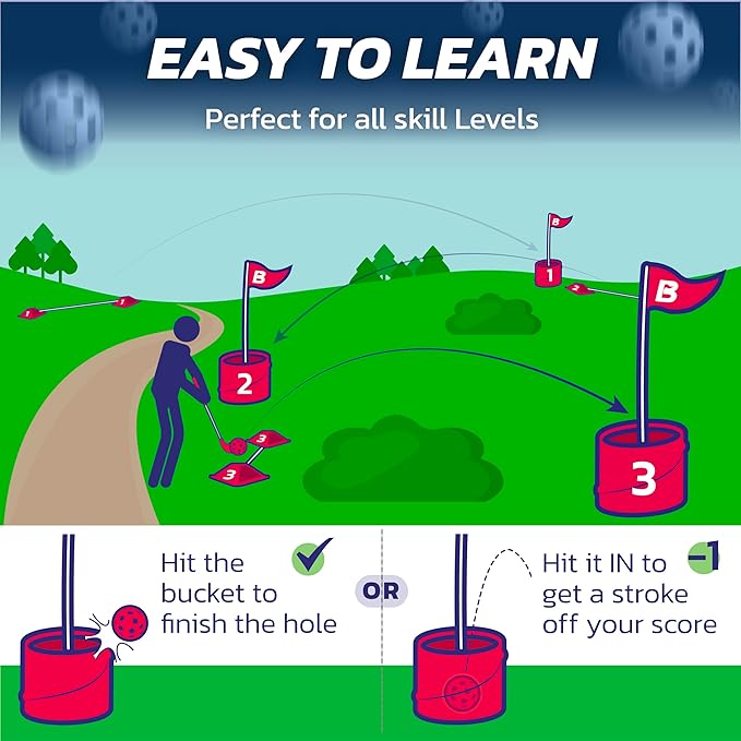 bucketgolf 9 Hole Bundle - Outdoor Golf Game for All Ages. Adults, Kids, Family. Play Anywhere - Yards, Beach, Park, Backyard. Includes 2 Clubs (1 RH + 1 LH)