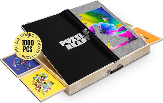 Puzzle Ready Tilting Puzzle Board with Drawers, Cover Mat & Felt Surface – 1000-Piece Wooden Jigsaw Table, 24"x 30", Portable - 3 Adjustable Puzzle Table Angles