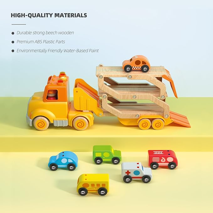Toddler Toys for 2 3 4 5 Years Old Kids, Transport Car Carrier Truck Toy with 6 Wooden Vehicle, 30in Foldable Track Trailer with Light & Sound Effects, Best Gift Choice for Christmas, Birthday