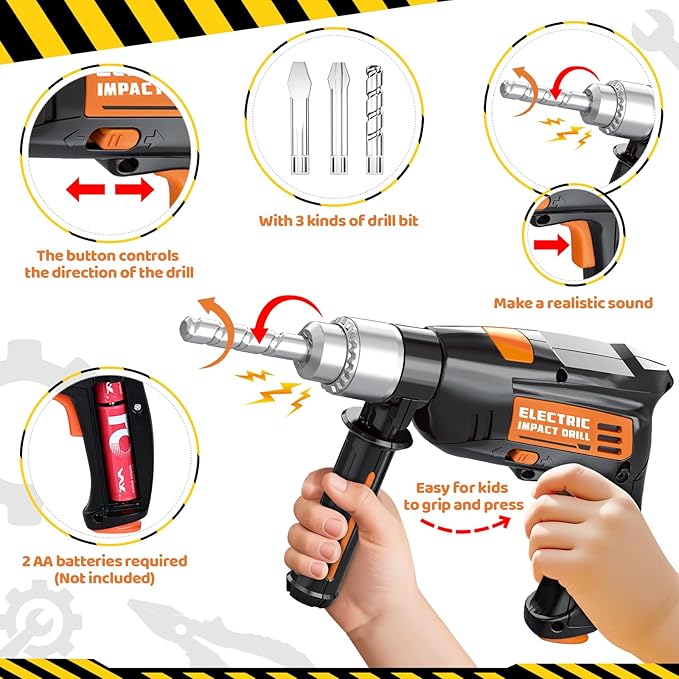 OCHIDO Kids Tool Set with Electronic Toy Drill, Kids Tool Box for Ages 3,4,5,6,7,8, 41PCS Toddler Tool Set with Portable Tool Box for Boys Christmas Birthday Gifts