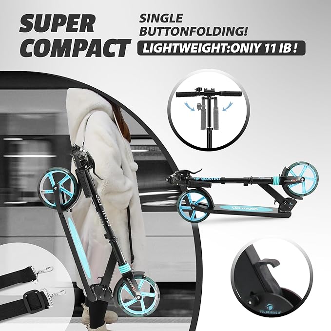 Scooter for Kids Ages 8+ Teens & Adults, Lightweight Kick Scooter with Carry Strap Adjustable Height Equipped with Front handbrake and Rear Brake, Big Sturdy PU Flash Wheels Great Gift & Toy