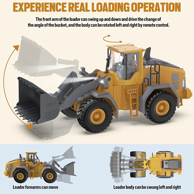 Metal RC Wheel Loader Toy - Realistic Working Lights and Sounds, 1:20 Scale, 9-Channel Remote Control Construction Play Tractor Toys for Kids 3+, Perfect 2024 Gift