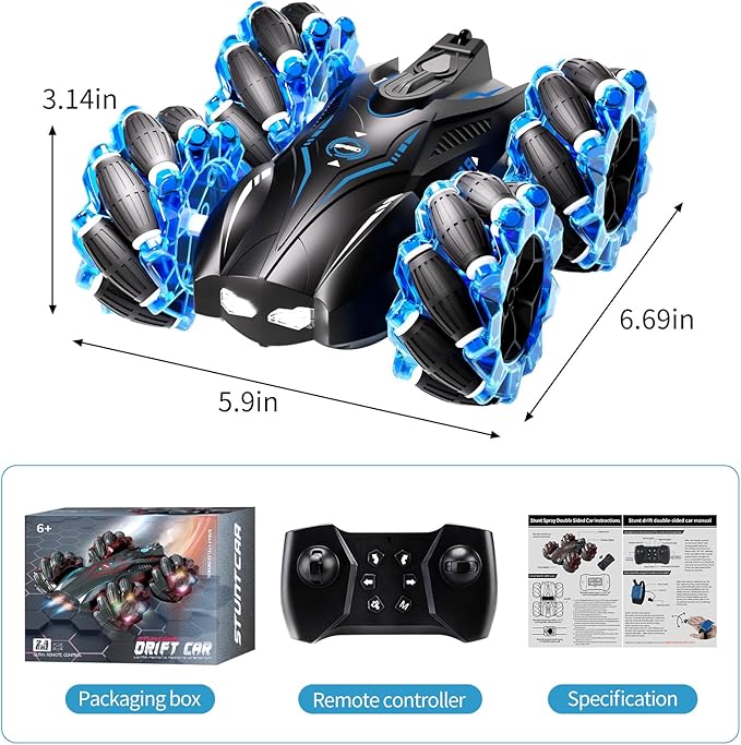 RC Gesture Sensing Stunt Car,2.4GHz 4WD Remote Control Car with Cool Light,Double Sided Rotating Off Road Vehicle 360° Flips Cars for 6-12 Year Old Boys Girls Birthday Presents(Blue)
