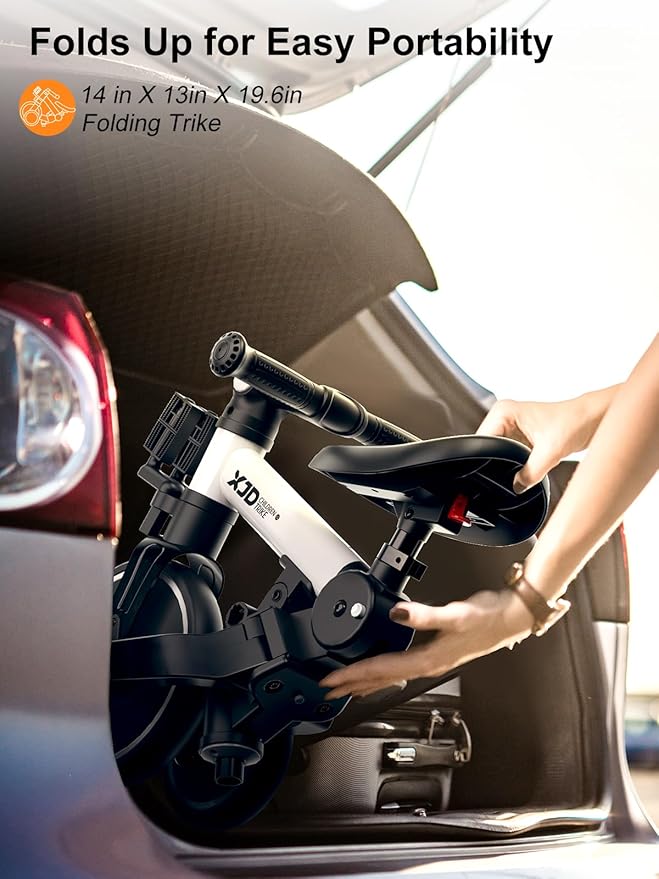 XJD Toddler Bike, 6 in 1 Folding Toddler Tricycle for 1-4 Year Old with Push Handle, Balance Bike with Removable Pedal,Backrest, Adjustable Seat Height and Handle, First Birthday Gifts (White)