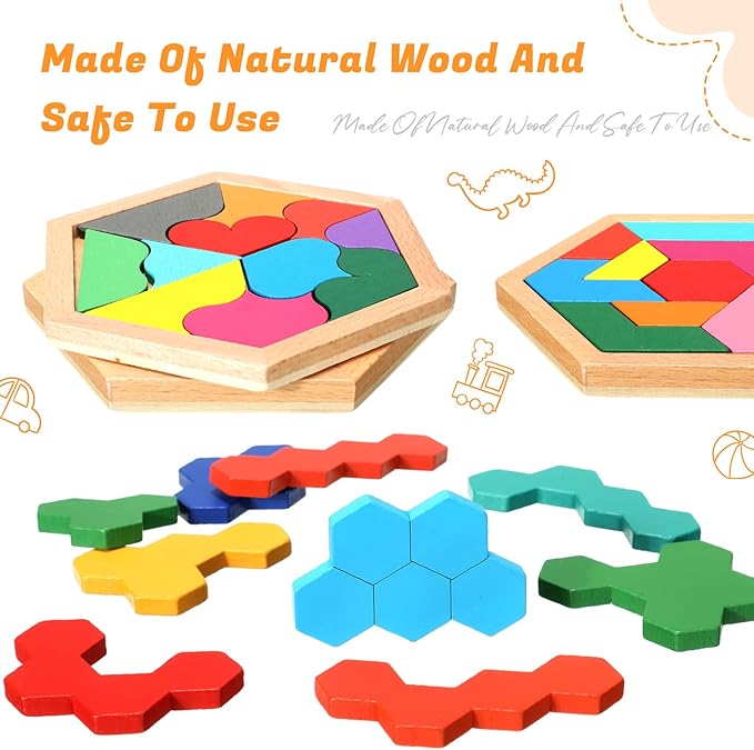 Jerify 8 Pack Wooden Hexagon Puzzles Children Educational Puzzle Blocks Shape Pattern Block Geometric Tangram Jigsaw for Kids Adults 3D Logic Intelligence IQ Game Gift