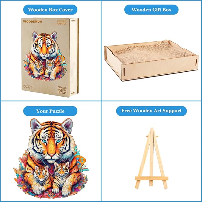 Wooden Puzzles for Adults, Tiger Family (M-190pcs) Wooden Jigsaw Puzzles Kids, 11.2 * 11.8in Unique Shaped Animal Wood Puzzles Adults, Fathers Birthday Family Games