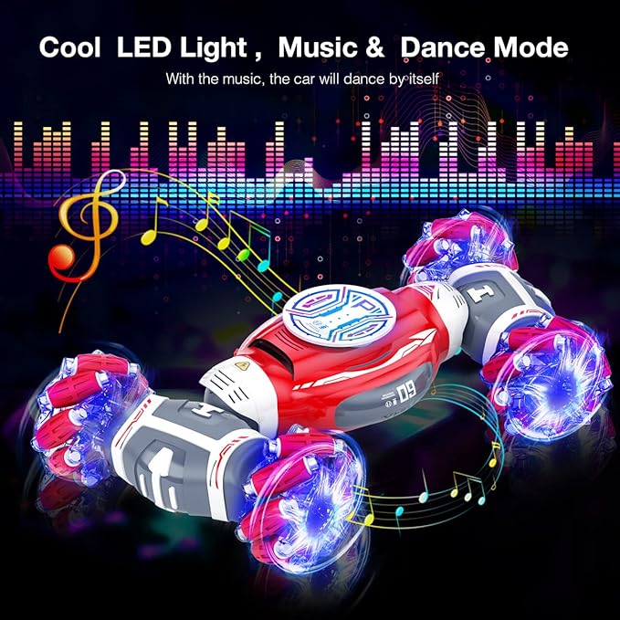 Powerextra 2024 New Remote Control Car, 1:12 Gesture Control Rc Stunt Car with Light & Music, 4WD Transform Off Road Double Side 360° Rotating Glove Racing Toy Car, 90+ Mins Play Car