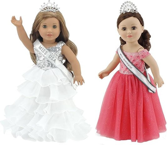 Emily Rose 18-inch Doll Clothes 6-PC Pageant Dress & Accessories Bundle | Includes 2 Dressy Ball Gowns, Sashes & Crowns | Toy Gift Set for 5+ Little Girls Set | USA Business