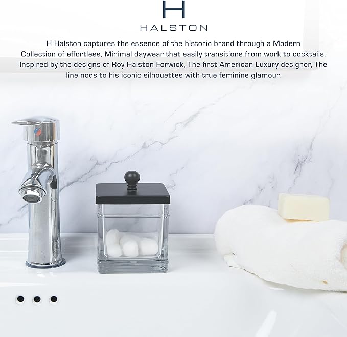 H Halston Apothecary Glass Cotton Jar Holder for Qtips, Cotton Balls, Floss, Storage Canister, Bathroom Organization, With Matte Black 304L Stainless Steel Lid, Makeup Vanity Organizer