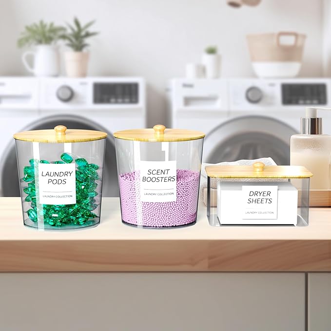 3+3 Pack laundry room organization - Dryer Sheet Holder, Laundry Pods Container, Clear Laundry Detergent Dispenser with Scoops Labels and Mesh Laundry Bags