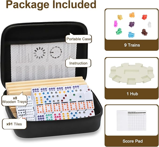 Mexican Train Dominoes Set with 8 Wooden Trays/Racks, Double 12 Dominos Travel Set with 8 Domino Tiles Holders, 91 Tiles Double 12 Colored Dominoes Game Set with Portable Case for Families Kids