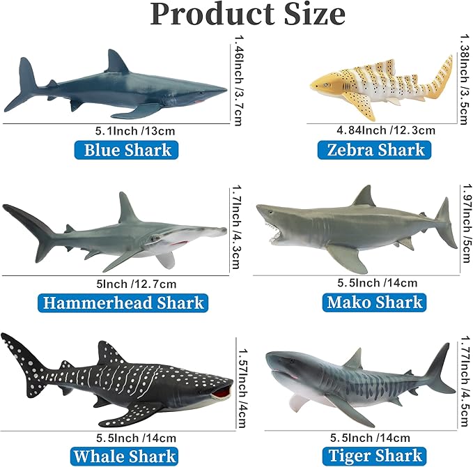 Toymany 6PC Realistic Shark Figurines Set - 5-6" Ocean Animals Bath Toys, Cake Toppers, Gifts for Kids & Toddlers
