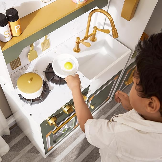 Teamson Kids Versailles Wooden Deluxe Play Kitchen Set Plus Refrigerator with Ice Dispenser and 15 Cookware Accessories, Olive Green