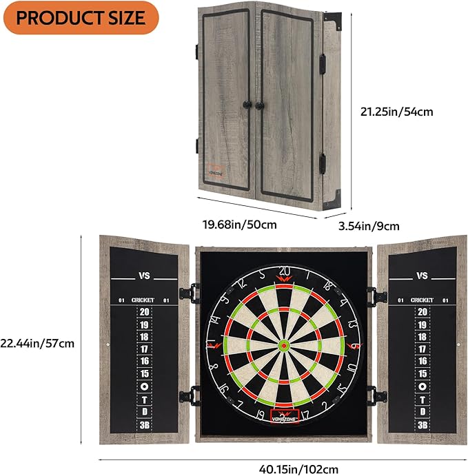 Dartboard Cabinet Set - Easy Assembly One Piece Sports Hemp Dartboard Scoreboard - Play Immediately - 6 Dart Chalk Set for Home Game Bar Accessories, Gray