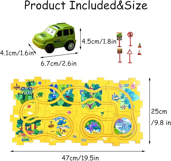 4 Year Old Boy Birthday Gift, Puzzle Racer Kids Car Track Set Puzzle Racer Car Track Set with Roadmap Puzzle Track Car Play Set Toys for 4 Year Old Boys (B-Dinosaur, set2-15PCS)