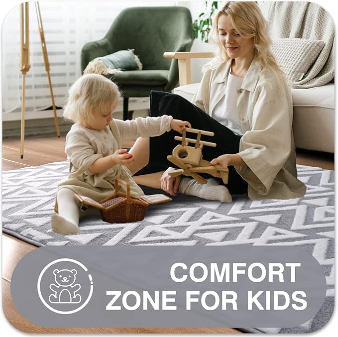 Ompaa Ultra Soft Shaggy Rugs Memory Foam Bedroom Carpet, Grey 5 x 8 Feet, Plush Geometric Textured Area Rugs for Living Room Couch Dorm Bedside Kids Girls Teens Room Nursery Decor Floor Mat