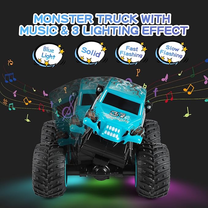 Remote Control Car, 2.4Ghz All Terrain Monster Truck Toys, RC Truck with Music, 3 Lighting Effects, 360 Stunt Capable, All Included Ready to Run, Toy Gifts for Boys and Girls (Blue)