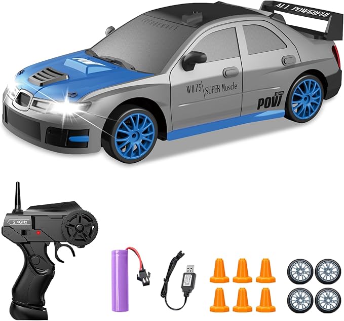 Remote Control Car, 1/24 2.4GHz 4WD RC Drift Car High Speed RC Cars with Cool Lights, Rechargeable Battery and Extra Tires Toys for Kids (Grey)