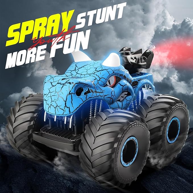 Threeking 1:18 Dinosaur RC Car Remote Control Cars Trucks Toy 4WD Off-Road Car Toys with Lights Spray Suitable for All Terrain Gifts Presents for Boys/Girls Ages 6+ Blue