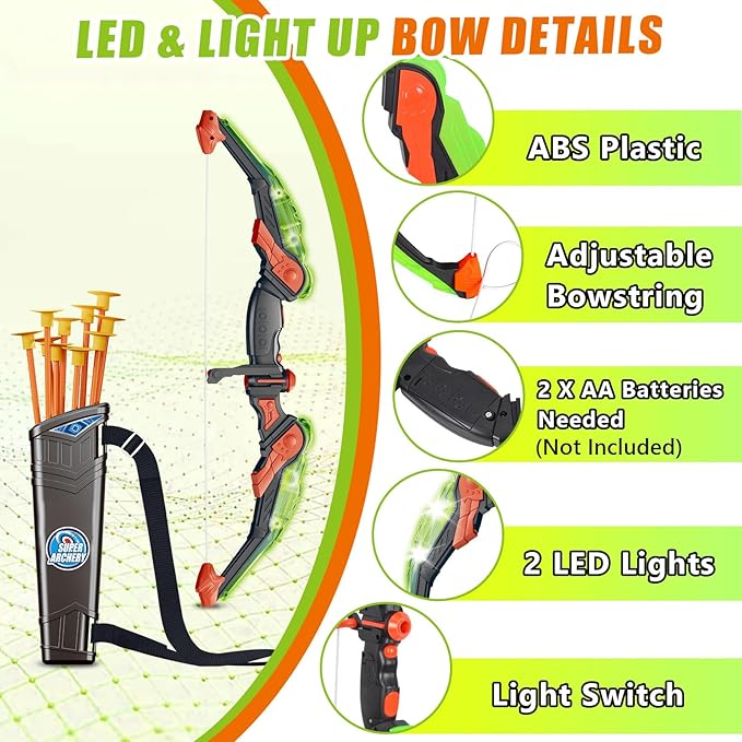 2 Pack Kids Bow And Arrow Set, with LED Light Up Archery, 20 Suction Cup Arrows, 2 Quiver, 1 Standing Target, 2 Soft Dart Guns&50 Soft Darts, Indoor Outdoor Birthday Gifts Toys for Boy Girl Ages 4-12