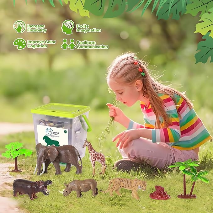Safari Zoo Animals Figures Toys for Kids 3-5,Realistic Animal Figurines Playset with Fence for Toddlers, 22 PCS African Wild Jungle Plastic Toy Gift Set for Boys and Girls