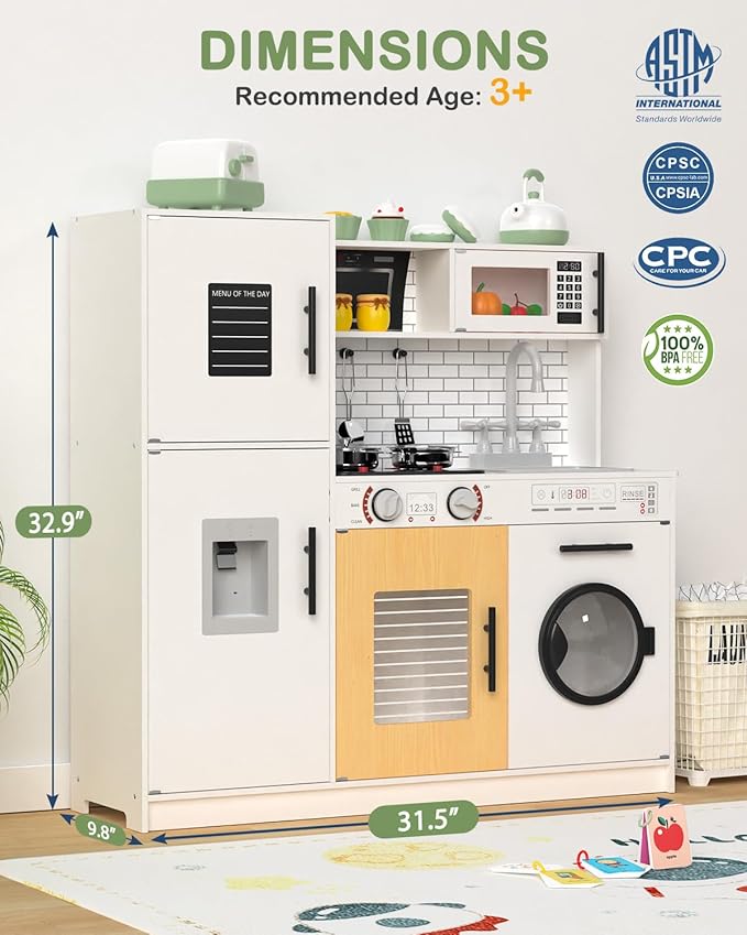 Babytronic Wooden Kitchen Playset for Kids, Interactive Play Kitchen with Lights & Sounds, Children Pretend Toy Kitchen Set with Faucet, Oven, Microwave, Kitchenware for Toddlers Ages 3+ (White)